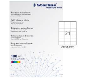 Etichetta adesiva - permanente - 70 x 42,3 mm - 21 etichette per foglio - bianco - conf. 100 fogli A4 - Starline - X210ODC521 - 8025133013743 - DMwebShop