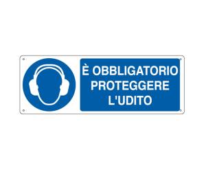 Cartello segnalatore 35 x 12,5 cm E OBBLIGATORIO PROTEGGERE L UDITO - 17481