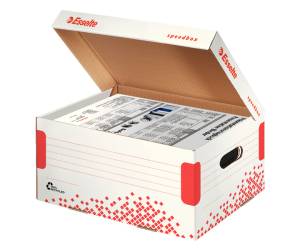 Scatola archivio Speedbox - dorso 8 cm - 35 x 25 cm - apertura totale - bianco e rosso - conf. 25 pezzi - Esselte - 623910 - 4049793026008 - DMwebShop - 1