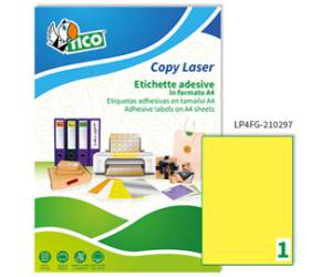 Etichetta adesiva LP4F - permanente - 210 x 297 mm - 1 etichetta per foglio - giallo fluo - conf. 70 fogli A4 - Tico - LP4FG-210297 - 8007827270212 - DMwebShop