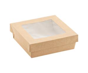Scatola da asporto con finestra trasparente 14 x 14 x 5 cm carta kraft PE avana - 18063 - 1