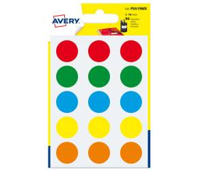 Etichette adesive tonde PSA - in carta - permanenti - diametro 19 mm - 15 etichette per foglio - 6 fogli - colori assortiti - Avery PSA19MX - 5014702026454 - DMwebShop