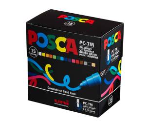Marcatore a base d acqua Uni Posca PC7M punta tonda large 4,5,5 5 mm colori assortiti astuccio 15 pezzi - 22298 - 1