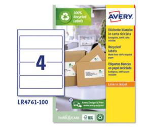 Etichette per raccoglitori in carta riciclata - 61 x 192 mm - 4 etichetta per foglio - bianca - laser - conf. 100 fogli - Avery - LR4761-100 - 4004182145180 - DMwebShop