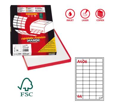 Etichetta adesiva A406 - in carta - permanente - 47,5 x 25,5 mm - 44 etichette per foglio - bianco - scatola 100 fogli A4 - Markin - X210A406 - 8007047026583 - DMwebShop