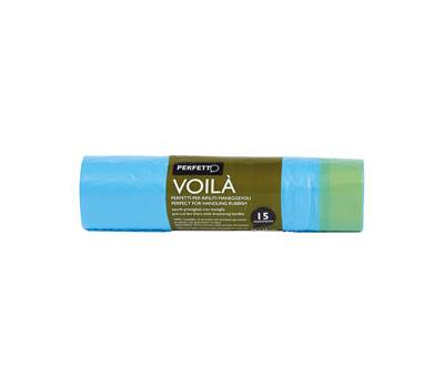 Sacchi per rifiuti con maniglie Voila' - 50 x 60 cm - 30 lt - 15 micron - azzurro - rotolo da 15 sacchetti - perfetto - 0359C - 8000957035935 - DMwebShop