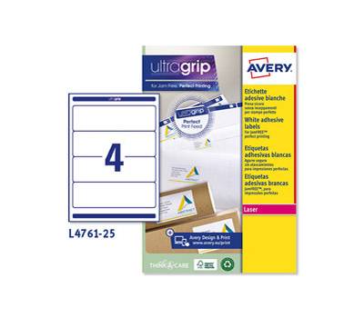 Etichetta adesiva L4761 - permanente - 192 x 61 mm - 4 etichette per foglio - bianco coprente - conf. 25 fogli A4 - Avery - L4761-25 - 4004182019252 - DMwebShop