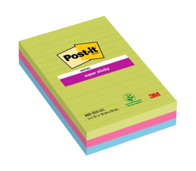 Blocco foglietti Super Sticky rettangolari - a righe - colori Ultra - 101 x 152 mm - 90 fogli - conf. 3 pezzi - Post-it - 7100235020 - 51135813324 - DMwebShop