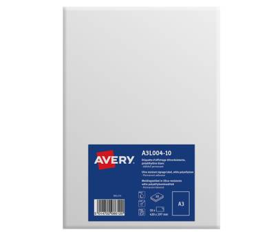 Etichette in polietilene bianco opaco - permanente - A3 - 1 etichetta per foglio - 10 fogli - Avery - A3L004-10 - 5014702086120 - DMwebShop
