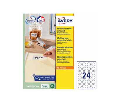 Etichette adesive tonde L4850 in carta rimovibili diametro 37 mm 24 etichette per foglio 25 fogli bianco Avery L4851REV - 22004