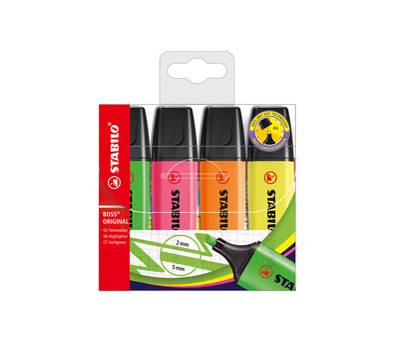 Evidenziatore Boss Original - punta a scalpello - tratto da 2 - 5 mm - colori assortiti - conf. 4 pezzi - Stabilo - 70/4 - 4006381215695 - DMwebShop