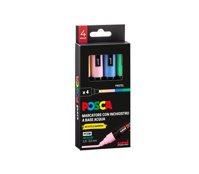 Marcatore Uni Posca PC5M - punta media 1,8 - 2,5 mm - colori assortiti pastel - conf. 4 pezzi - Uni Mitsubishi - M PC5MP 4P - 8007404250910 - DMwebShop