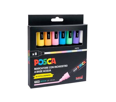 Marcatore Uni Posca PC5M - punta media 1,8 - 2,5 mm - colori assortiti pastel - conf. 8 pezzi - Uni Mitsubishi - M PC5MP 8P - 8007404249242 - DMwebShop