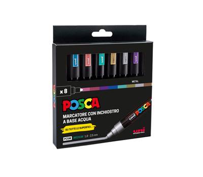 Marcatore Uni Posca PC5M - punta media 1,8 - 2,5 mm - colori assortiti metal - conf. 8 pezzi - Uni Mitsubishi - M PC5MM 8P - 8007404249211 - DMwebShop
