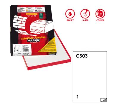 Etichetta adesiva C503 Extra Forte - permanente - 210 x 297 mm - 1 etichetta per foglio - bianco - 100 fogli A4 - Markin - X210C503SP - 8007047030009 - DMwebShop