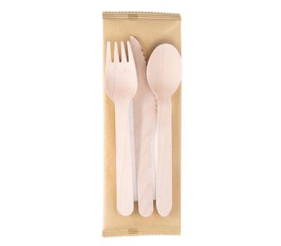 Tris posate monouso - con tovagliolo - 16 cm - legno - conf. 100 pezzi - Signor Bio - WCB011BIO100B - 8055715781043 - DMwebShop