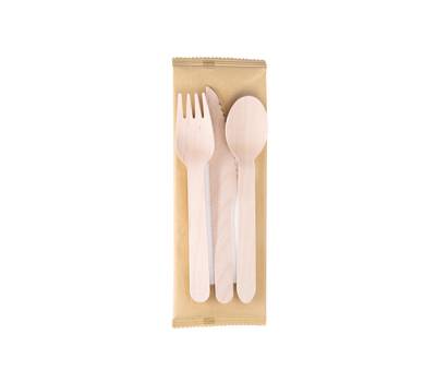 Tris posate monouso - con tovagliolo - 16 cm - legno - conf. 100 pezzi - Signor Bio - WCB011BIO100B - 8055715781043 - DMwebShop