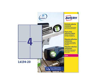 Etichetta in poliestere adesivo L6134 - 105 x 148 mm - 4 etic. per foglio - argento - conf. 20 fogli A4 - Avery - L6134-20 - 4004182049846 - DMwebShop