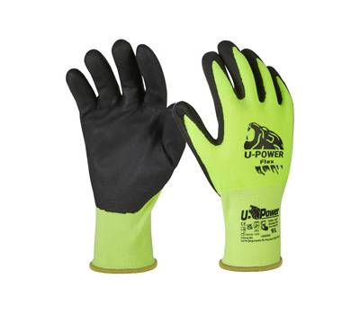 Guanti di protezione FLEX - con polsino giallo - taglia 08 - verde fluo-nero - conf. 12 pezzi - U-power - UG00005-08 - 8033546515877 - DMwebShop
