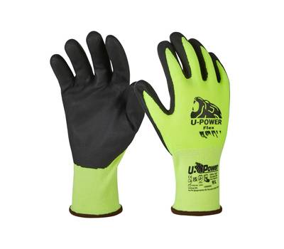 Guanti di protezione FLEX - con polsino marrone - taglia 09 - verde fluo-nero - conf. 12 pezzi - U-power - UG00005-09 - 8033546515884 - DMwebShop