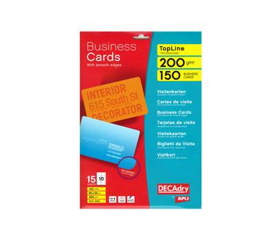 Biglietti da visita - 85 x 54 mm - 200 gr - angoli tondi - bordo liscio - bianco - conf. 15 fogli da 10 biglietti - Decadry - T603343 - 5413493200218 - DMwebShop