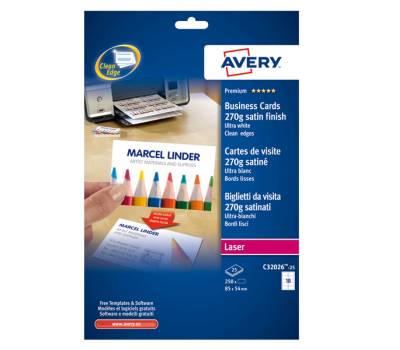 Biglietti da visita 85 x 54 mm 270 gr effetto satinato bianco conf 25 fogli da 10 biglietti Avery C32026 - 1604