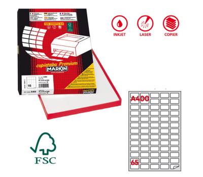 Etichetta adesiva A400 permanente bianco - 38,1 x 21,2 mm - 65 etichette per foglio scatola - conf. 100 fogli A4 - Markin - X210A400 - 8007047020000 - DMwebShop