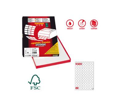 Etichetta adesiva R300 - permanente - tonda Ø 20 mm - 88 etichette per foglio - bianco - scatola 100 fogli A4 - Markin - X210R300 - 8007047024695 - DMwebShop