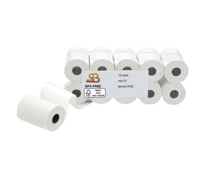 Rotolo per POS e carte di credito 57 mm x 18 mt diametro esterno 38 mm anima 12 mm 55 gr carta termica BPA free blister 10 pezzi - 5722