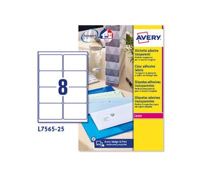 Etichetta adesiva L7565 - poliestere - permanente - 99,1 x 67,7 mm - 8etichette per foglio - 25 fogli - A4 - trasparente - Avery - L7565-25 - 5014702012013 - DMwebShop