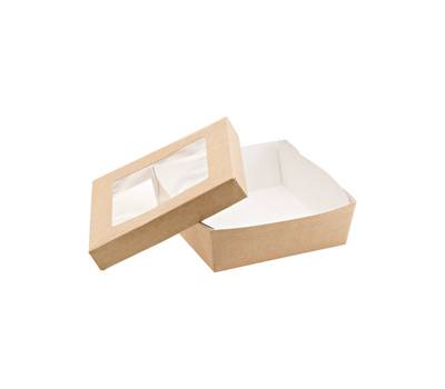 Scatola da asporto - con finestra trasparente - 14 x 14 x 5 cm - carta kraft-PE - avana - conf. 25 pezzi - Leone - H0717 - 8024112002471 - DMwebShop