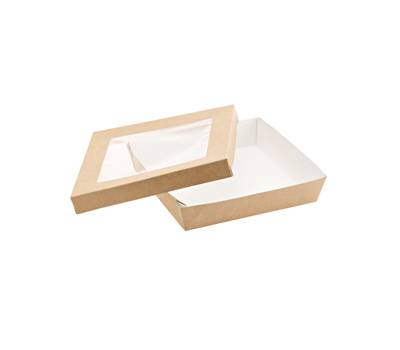 Scatola da asporto - con finestra trasparente - 18 x 18 x 5 cm - carta kraft-PE - avana - conf. 20 pezzi - Leone - H0718 - 8024112002495 - DMwebShop