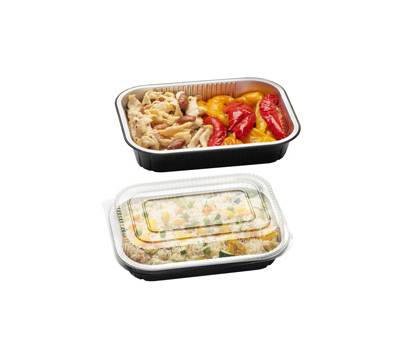 Contenitore alluminio stirato con coperchio R PET 2 porzioni 22 x 15 x 4,4 cm - 18101