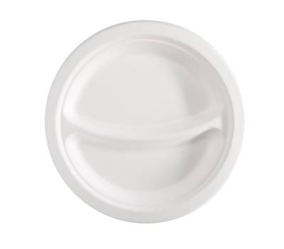 Piatto piano a 2 scomparti monouso rotondo diametro 23 cm canna da zucchero bianco Signor Bio BPC005BIO50B - 18130