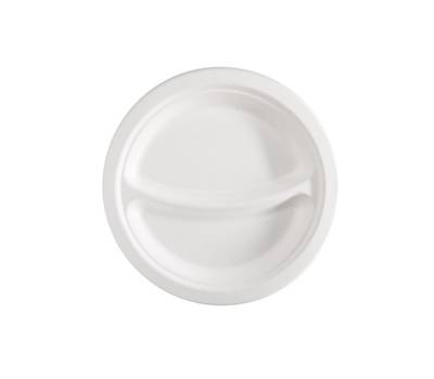 Piatto piano a 2 scomparti monouso rotondo diametro 23 cm canna da zucchero bianco Signor Bio BPC005BIO50B - 18130 Piatto piano a 2 scomparti monouso rotondo diametro 23 cm canna da zucchero bianco Signor Bio BPC005BIO50B - 18130