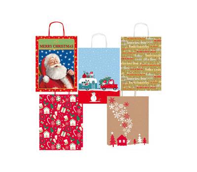 Shopper in carta kraft con manici 16 x 21 x 8 cm fantasia natale - 29826