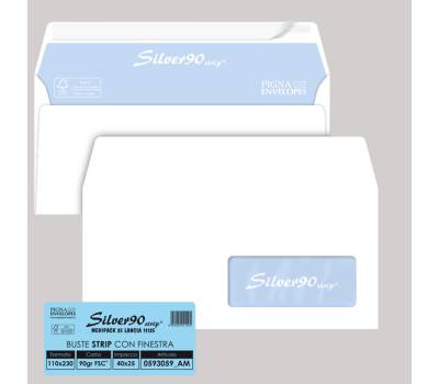 Busta silver90 strip FSC - bianca - internografata - con finestra - 110 x 230 mm - 90 gr - conf. 25 pezzi - Pigna - 0593059AM - 8059020921088 - DMwebShop