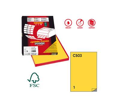 Etichetta adesiva C503 - permanente - 210 x 297 mm - 1 etichetta per foglio - giallo - scatola 100 fogli A4 - Markin - X210C503GI - 8007047021915 - DMwebShop