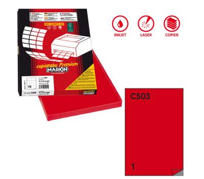 Etichetta adesiva C503 - permanente - 210 x 297 mm - 1 etichetta per foglio - rosso - scatola 100 fogli A4 - Markin - X210C503RO - 8007047021632 - DMwebShop