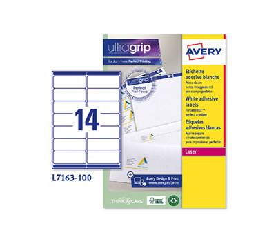 Etichetta adesiva L7163 - permanente - 99,1 x 38,1 mm - 14 etichette per foglio - bianco - conf. 100 fogli A4 - Avery - L7163-100 - 5014702004018 - DMwebShop