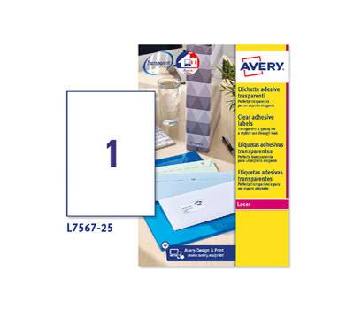 Etichetta in poliestere L7567 - permanente - 210 x 297 mm - 1 etic. per foglio - trasparente - conf. 25 fogli A4 - Avery - L7567-25 - 5014702106279 - DMwebShop