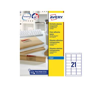 Etichetta in poliestere J8560 - permamente - 63,5 x 38,1 mm - 21 et/fg - trasparente - conf. 25 fogli A4 - Avery - J8560-25 - 5014702002281 - DMwebShop