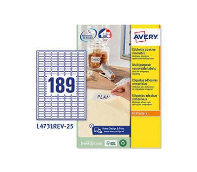 Etichetta adesiva L4731REV - rimovibile - 25,4 x 10 mm - 189 etic. per foglio - bianco - conf. 25 fogli A4 - Avery - L4731REV-25 - 5014702106422 - DMwebShop