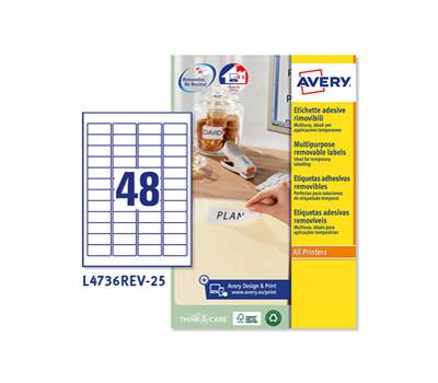 Etichetta adesiva L4736REV - removibile - 45,7 x 21,2 mm - 48 etic. per foglio - bianco - conf. 25 fogli A4 - Avery - L4736REV-25 - 5014702106378 - DMwebShop