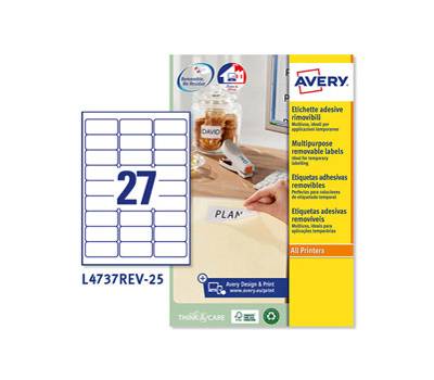 Etichetta adesiva L4737REV - removibili - 63,5 x 29,6 mm - 27 etic. per foglio - bianco - conf. 25 fogli A4 - Avery - L4737REV-25 - 5014702106385 - DMwebShop
