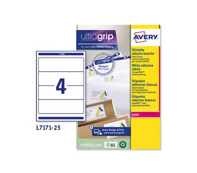 Etichetta adesiva L7171 - permanente - 200 x 60 mm - 4 etichette per foglio - bianco coprente - conf. 25 fogli A4 - Avery - L7171-25 - 5014702004452 - DMwebShop