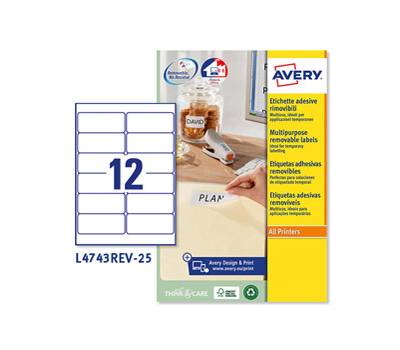 Etichetta adesiva L4743REV - rimovibile - 99,1 x 42,3 mm - 12 etic. Per foglio - bianco - conf. 25 fogli A4 - Avery - L4743REV-25 - 5014702006067 - DMwebShop