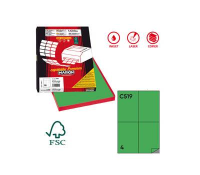 Etichetta adesiva C519 - permanente - 105 x 148,5 mm - 4 etichette per foglio - verde - scatola 100 fogli A4 - Markin - X210C519VE - 8007047023124 - DMwebShop