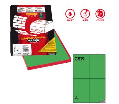 Etichetta adesiva C519 - permanente - 105 x 148,5 mm - 4 etichette per foglio - verde - scatola 100 fogli A4 - Markin - X210C519VE - 8007047023124 - DMwebShop