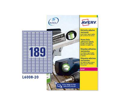 Etichetta in poliestere L6008 - permanente - 24,5 x 10 mm - 189 etic. per foglio - argento - conf. 20 fogli A4 - Avery - L6008-20 - 4004182144251 - DMwebShop